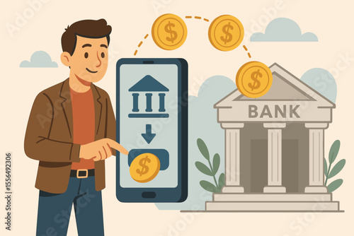 Digital banking transaction concept. Man transferring money to bank via mobile app. Online payment, electronic funds transfer, mortgage or loan repayment. Financial technology vector illustration