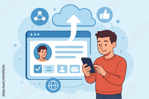 Man Uploading Personal Information to Online Platform via Smartphone, Cloud Data Sharing, Social Network Connectivity, Secure Privacy Protection Concept, Vector Cartoon Illustration