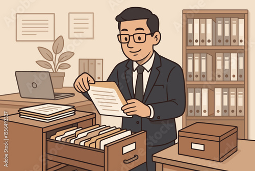 Office Records Manager Organizing and Filing Important Business Documents in Filing Cabinet for Efficient Information Retrieval, Document Management System, Vector Cartoon Illustration