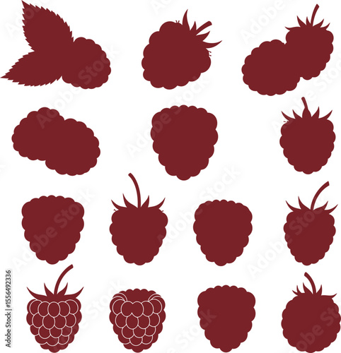 Sweet raspberry vector silhouette collection, showcasing various ripe red berries, perfect for healthy food, fruit, and natural product designs with a focus on fresh produce.