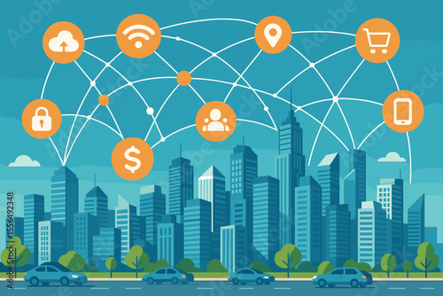 Smart city skyline with interconnected digital services network, wireless technology, cloud computing, data security, online shopping, mobile devices, financial transactions, urban innovation