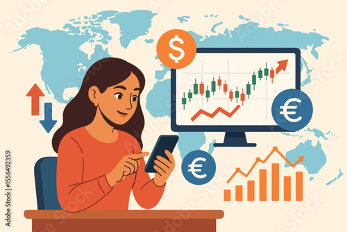 Woman Analyzing Global Financial Markets, Online Forex Trading with Mobile and Computer, Currency Exchange, Stock Market Growth, Economic Data, Investment Strategy, Vector Illustration
