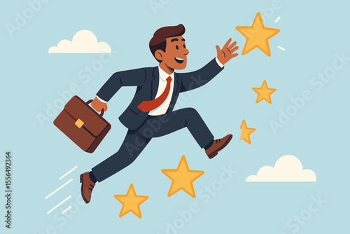 Ambitious businessman leaping over stars with briefcase, reaching for career success, achievement, business goals, leadership, motivation, professional growth, opportunity, vector illustration