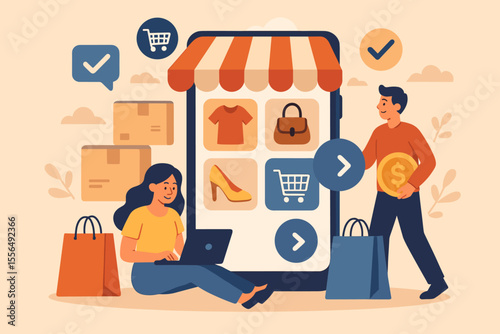 Online shopping marketplace concept, digital retail business, e-commerce app on smartphone, people buying clothes, bags, shoes, delivery boxes, mobile payment, vector illustration, no text