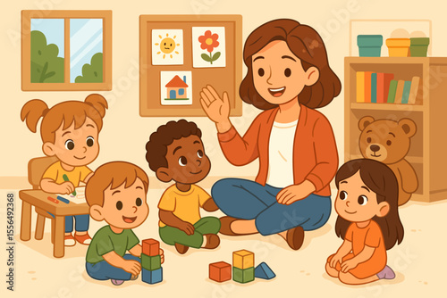 Kindergarten teacher with diverse children learning, playing, building blocks, drawing, classroom education, early childhood development, preschool activities, nurturing, cartoon vector illustration
