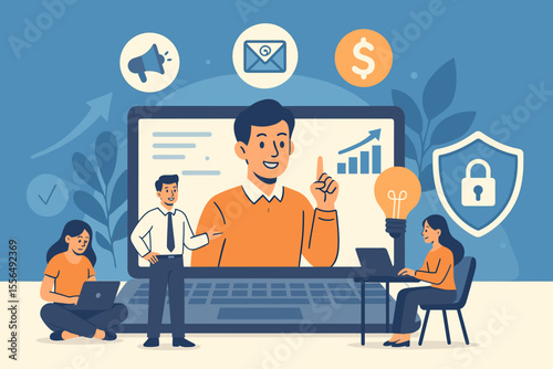 Online marketing education success, digital business training, secure communication, teamwork, remote learning, technology, financial growth, data analysis, vector illustration, modern office