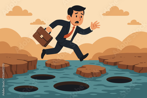 Businessman Leaping Over Pitfalls and Obstacles, Risk Management, Overcoming Challenges, Navigating Uncertainty, Success Concept, Vector Cartoon Illustration, Career Progress, Problem Solving
