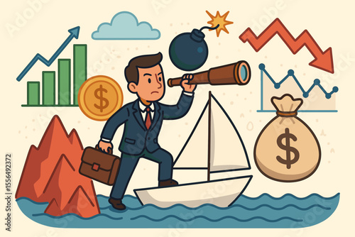 Businessman Navigating Financial Risks and Investments Cartoon. Economic Crisis Management, Market Growth and Decline, Money, Danger, Opportunity, Forecasting, Finance Strategy Vector Illustration