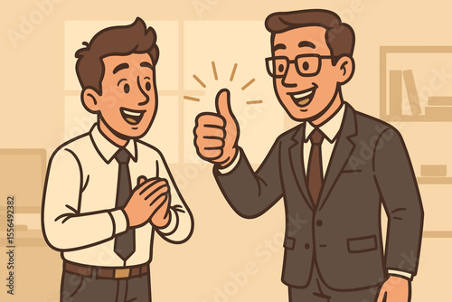 Optimistic Business Manager Giving Thumbs Up to Happy Employee, Boosting Workplace Morale, Encouraging Success and Team Motivation, Vector Cartoon Illustration