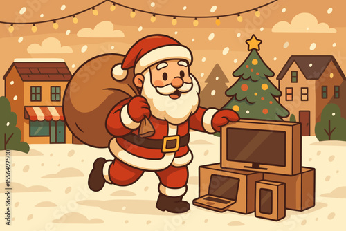 Santa Claus delivering electronics gifts during Christmas holiday sales, cartoon vector illustration. Festive winter scene with Santa, Christmas tree, TV, laptop, smartphone, snowy town background