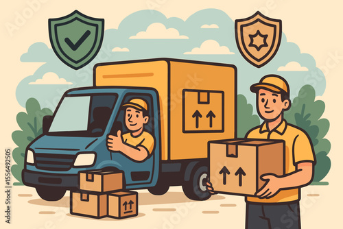 Secure cargo delivery service concept. Reliable shipping and logistics. Insurance protection, quality assurance, courier team, delivery truck, cardboard boxes. Safe transportation vector illustration.
