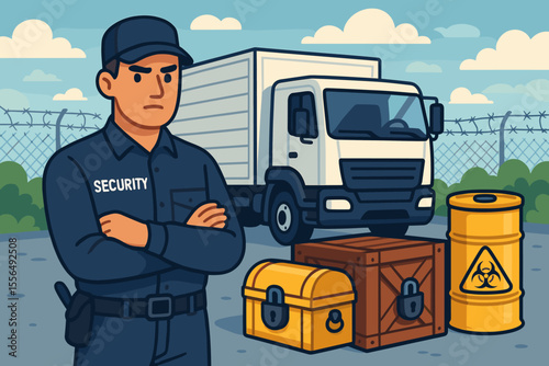 Security Guard Protecting Cargo Truck with Hazardous Materials, Valuable Chests, and Locked Crates at Secure Facility. Safety Transport, Risk Management, Logistics Vector Illustration