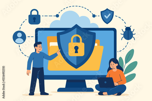 Cybersecurity data protection concept. Secure network, privacy shield, encrypted information, computer security, cloud storage, safe files, antivirus, user access control, cartoon vector illustration