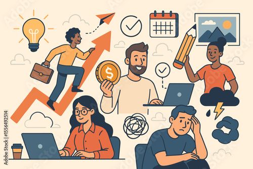 Freelance Professionals Navigating Remote Work Challenges and Opportunities. Productivity, Stress, Creativity, Success, Time Management, Financial Growth. Modern Business Vector Illustration