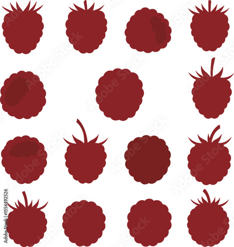 Sweet raspberry vector silhouette collection, showcasing various ripe red berries, perfect for healthy food, fruit, and natural product designs with a focus on fresh produce.