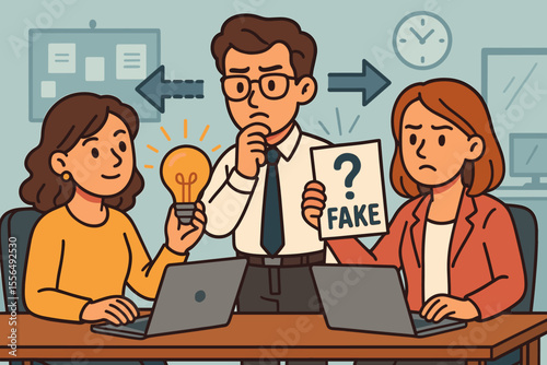 Office Team Evaluating Truth Versus Fake Information, Analyzing Ideas, Fact Checking, Workplace Collaboration, Decision Making, Concept of Misinformation and Critical Thinking, Vector Illustration