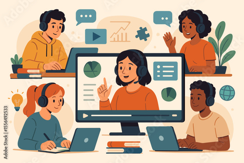 Diverse students participating in online education, remote learning, virtual classroom, distance teaching, e-learning, digital collaboration, teamwork, technology, cartoon vector illustration
