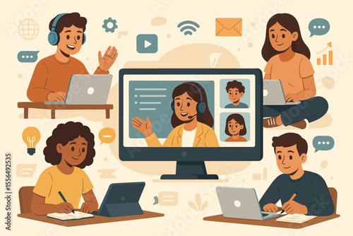 Diverse students participating in online education, virtual classroom, remote learning, distance teaching, e-learning platform, digital study, interactive video conference, cartoon vector illustration