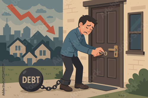 Homeowner Struggling With Mortgage Debt During Economic Crisis, Financial Hardship, Housing Market Decline, Foreclosure Risk, Locked Out, Personal Finance Burden, Vector Illustration