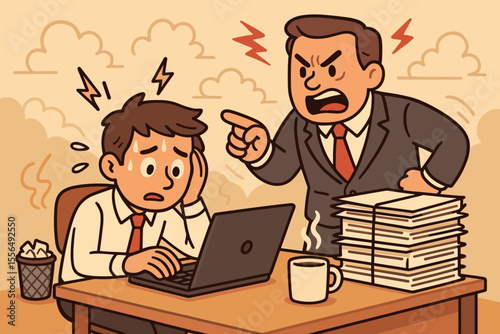 Stressed office worker under pressure from angry boss. Workplace stress, overwork, burnout, mental health, toxic work environment, conflict, deadline anxiety, cartoon vector illustration