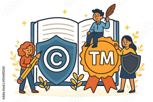 Intellectual Property Protection Concept. Cartoon Authors with Copyright Shield, Trademark Badge, Open Book. Legal Rights, Creative Ownership, Brand Security, Patent Law, Vector Illustration