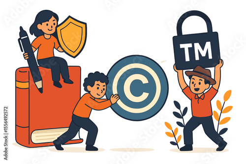 Intellectual Property Protection Concept. Cartoon Authors Defending Copyright, Trademark, Creative Rights. Legal Security, Book, Shield, Pen, Lock. Vector Illustration for Law, Education, Publishing