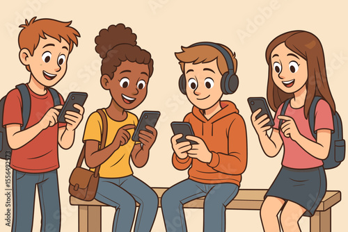 Diverse teenagers using smartphones social media texting chatting technology. Cartoon vector group students with backpacks headphones sitting bench. Youth digital communication friendship concept