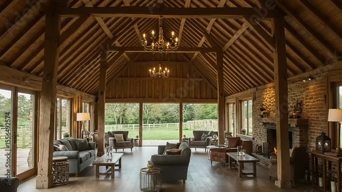 Cozy interior of a rustic lodge with scenic view outside