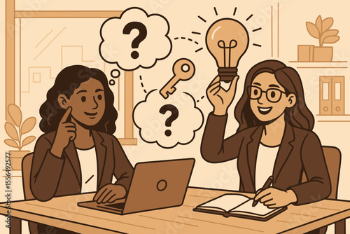 Businesswomen brainstorming creative solutions, unlocking strategies, finding answers, teamwork collaboration, problem solving, office meeting, key ideas, lightbulb concept, vector illustration