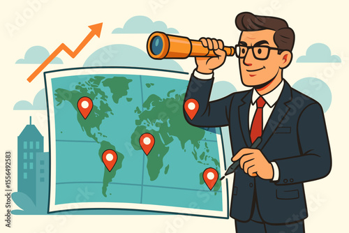 Businessman Analyzing Global Market Opportunities with Telescope, Planning International Expansion, Marking Strategic Locations on World Map, Growth Strategy, Vector Illustration