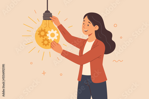 Woman Adjusting Light Bulb with Gears Inside, Innovation, Creative Thinking, Problem Solving, Brainstorming, Business Solution, Female Leader, Modern Vector Illustration, No Text