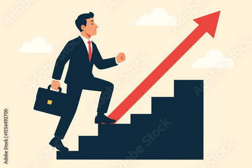 Businessman climbing stairs to success. Career growth concept. Corporate ladder metaphor. Ambitious professional walking up. Achievement and progress. Moving up towards goals. Vector.
