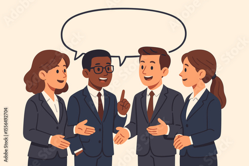 Diverse team of business people discussing and collaborating. Group of colleagues in a meeting with a large empty speech bubble. Communication, teamwork and brainstorming concept.