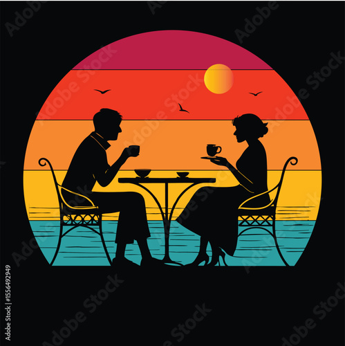 Romantic couple sitting at a cafe table by the river enjoying drinks sunset T-shirt design  vector art and  illustration