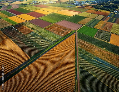 birds eye view of abstract agricultural fields showcasing vivid geometric patterns with organic shapes and precise lines in vibrant colors under midday sun