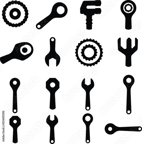 Diverse vector silhouette set of various ratchet wrenches and adjustable spanners, essential tools for mechanics, automotive repair, and general industrial fastening tasks.