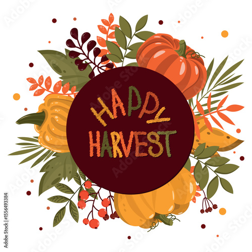 Vector illustration, autumn greeting, advertising banner, set of flat pumpkins and colorful leaves, postcard.