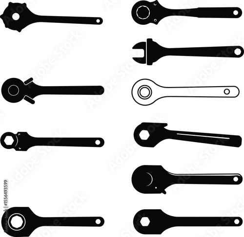 Diverse vector silhouette set of various ratchet wrenches and adjustable spanners, essential tools for mechanics, automotive repair, and general industrial fastening tasks.