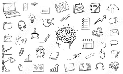 Doodle sketch vector icons collection for creativity, productivity, and communication concepts