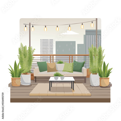Contemporary rooftop garden scene featuring sleek siiting sofa area vector art design 