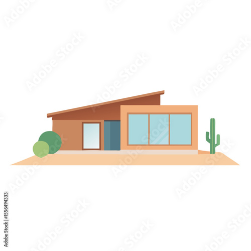 Mid century modern house exterior flat roof large outlook vector art design 