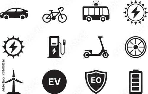 Sustainable Transportation Icons of Electric Vehicles, Bikes, and Eco-Friendly Options