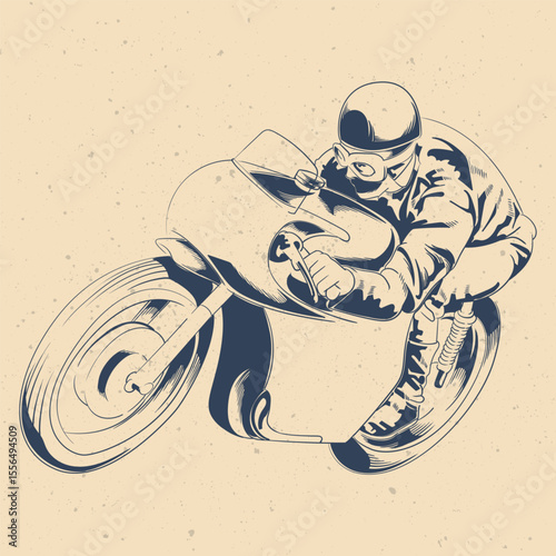 Classic Vintage Motorcycle Racer Illustration with Full Fairing, Retro Helmet and Goggles in Ink Drawing Style