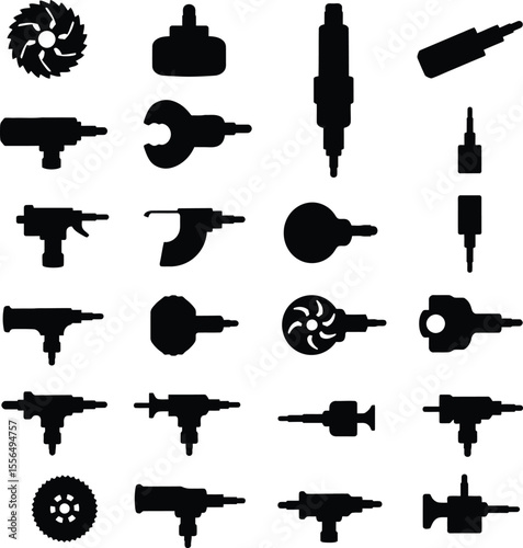 Diverse vector silhouette set of rotary tool attachments and accessories, ideal for grinding, cutting, drilling, and polishing, showcasing essential workshop and DIY equipment.