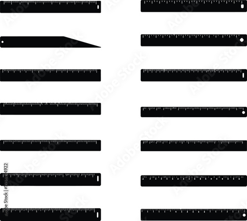 Diverse vector illustration set of various rulers and measuring scales, essential tools for drafting, engineering, carpentry, and precise measurements in education and design.