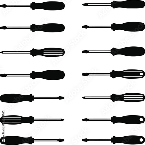 Comprehensive vector illustration set of various screwdrivers, including Phillips and flathead, essential for DIY, home repair, and professional maintenance tasks.