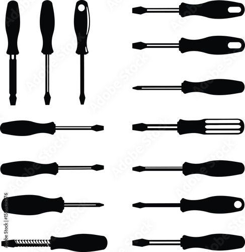 Comprehensive vector illustration set of various screwdrivers, including Phillips and flathead, essential for DIY, home repair, and professional maintenance tasks.