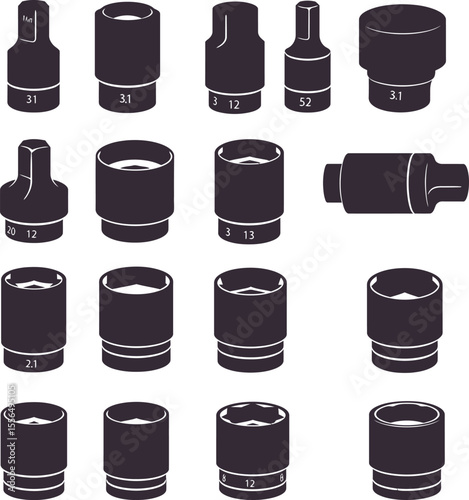 Comprehensive vector illustration set of various socket heads and sizes, essential for mechanics, automotive repair, and general industrial fastening tasks in any workshop.