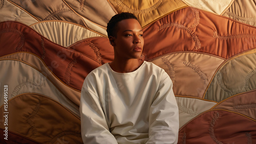Person sits thoughtfully, soft light on a textured background.
