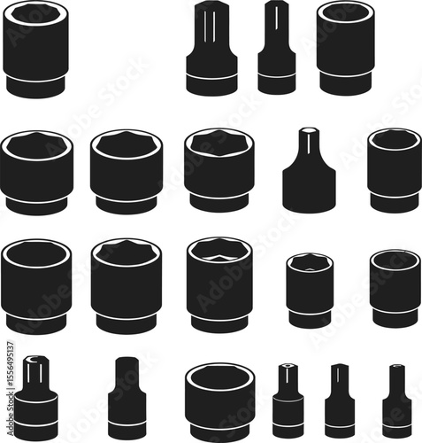 Comprehensive vector illustration set of various socket heads and sizes, essential for mechanics, automotive repair, and general industrial fastening tasks in any workshop.